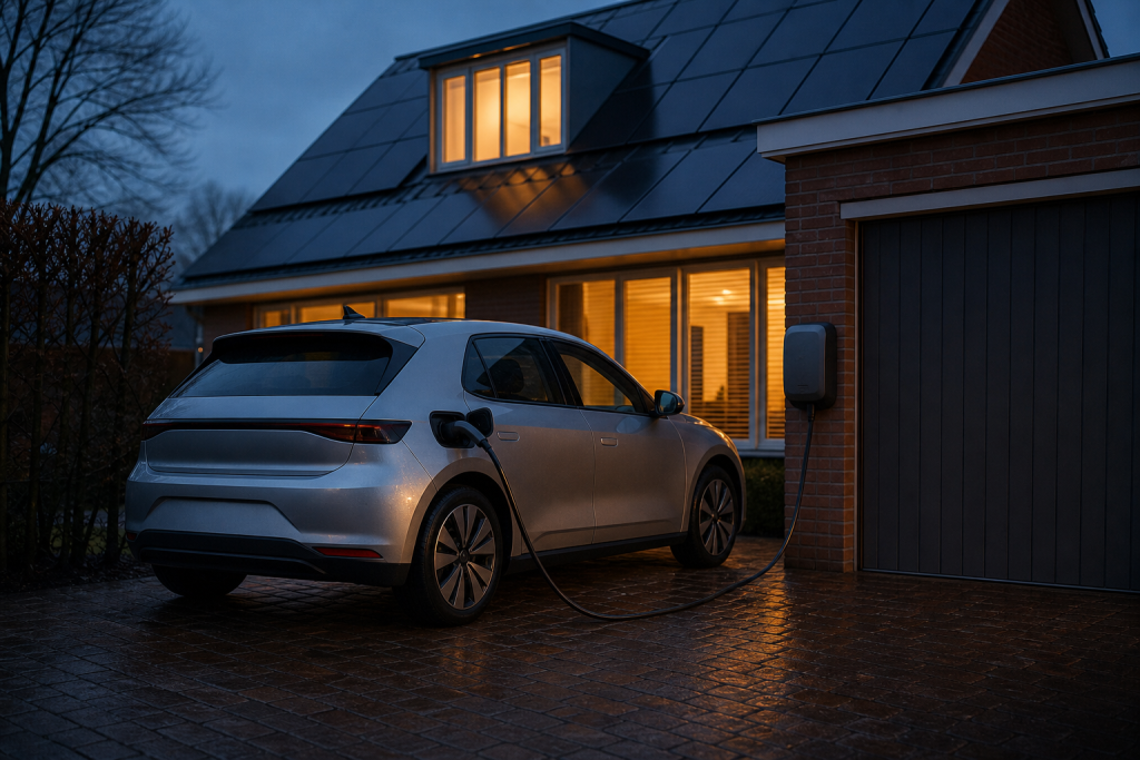 Elektrische auto op de oprit verbonden met een bidirectionele laadpaal naast een woning met zonnepanelen