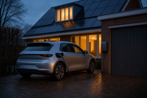Elektrische auto op de oprit verbonden met een bidirectionele laadpaal naast een woning met zonnepanelen