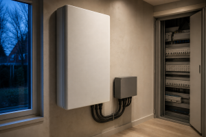 Thuisbatterij aan de wand naast een meterkast in een woning zonder zonnepanelen