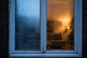 Woningraam met koud ochtendlicht aan de ene zijde en warm avondlicht aan de andere, als beeld van het prijsverschil per uur