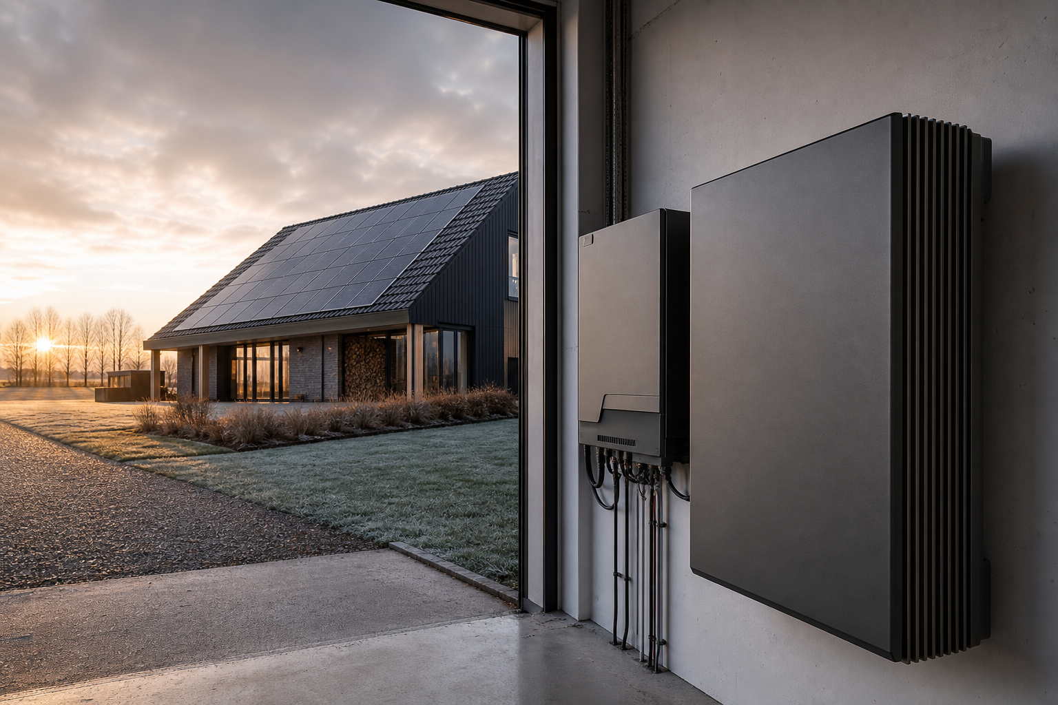 Thuisbatterij en hybride omvormer aan de wand van een Nederlandse woning met zonnepanelen op het dak in de winter