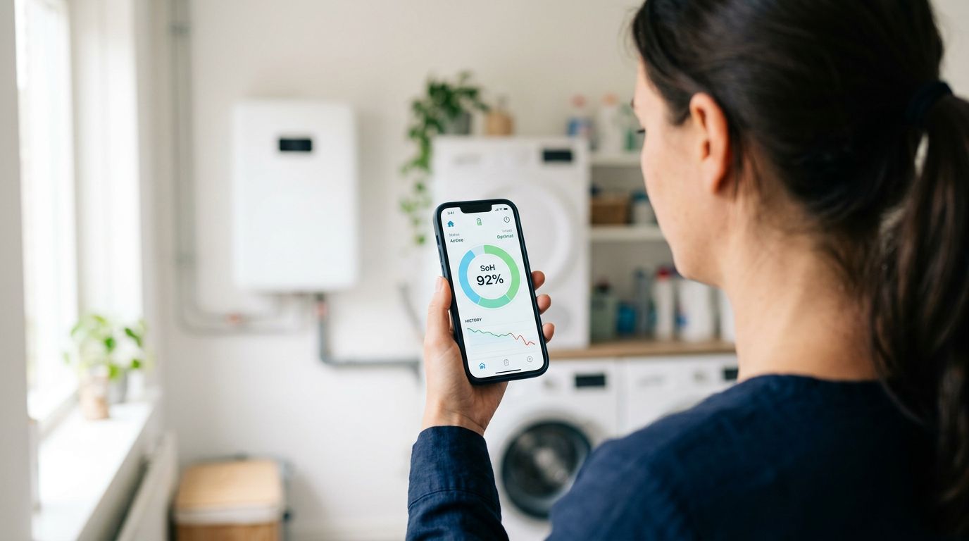 Smartphone toont de SoH van een thuisbatterij in de monitoring-app, met de batterij op de achtergrond