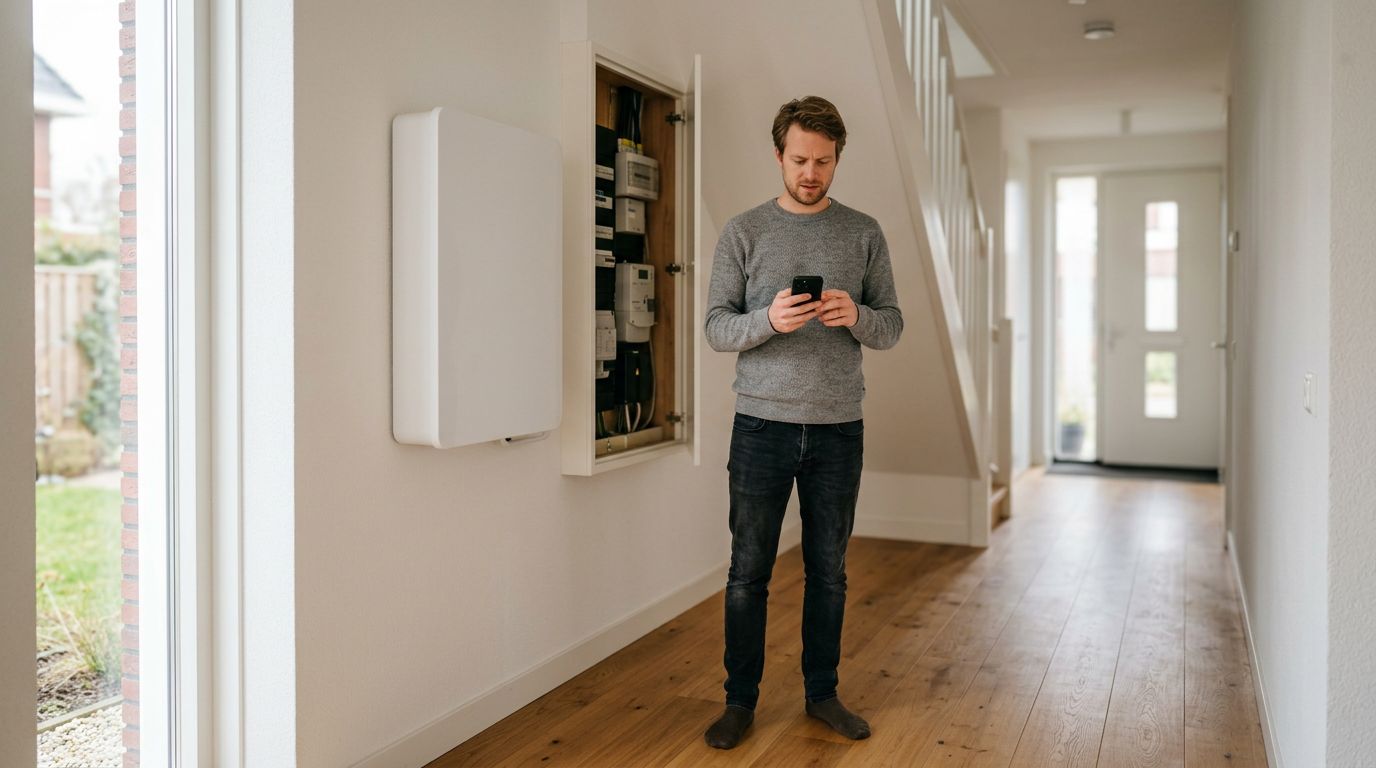 Eigenaar bekijkt de monitoring-app van zijn thuisbatterij op zijn telefoon, met de batterij aan de muur op de achtergrond