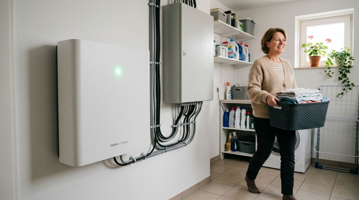 Thuisbatterij met groen statuslampje werkt gewoon door in de technische ruimte, terwijl de bewoner voorbijloopt