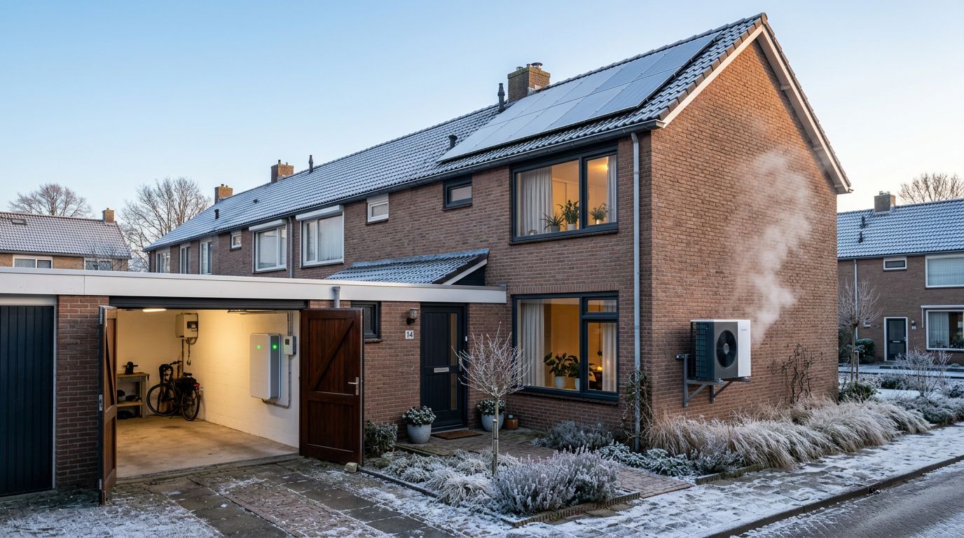 Bewoner stelt op een energiemanagementsysteem de samenwerking tussen warmtepomp, zonnepanelen en thuisbatterij in